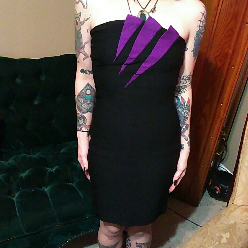 Super 80ish Strapless Black Dress w/Purple design